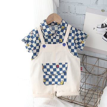 Baby Boy Cute 2pc Plaid Shirt & Short Overalls Set. Ages 9M-5T